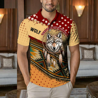 Native American  Polo Shirt - Wolf and Dreamcatcher Design in Beige and Deep Red Tribal Pattern