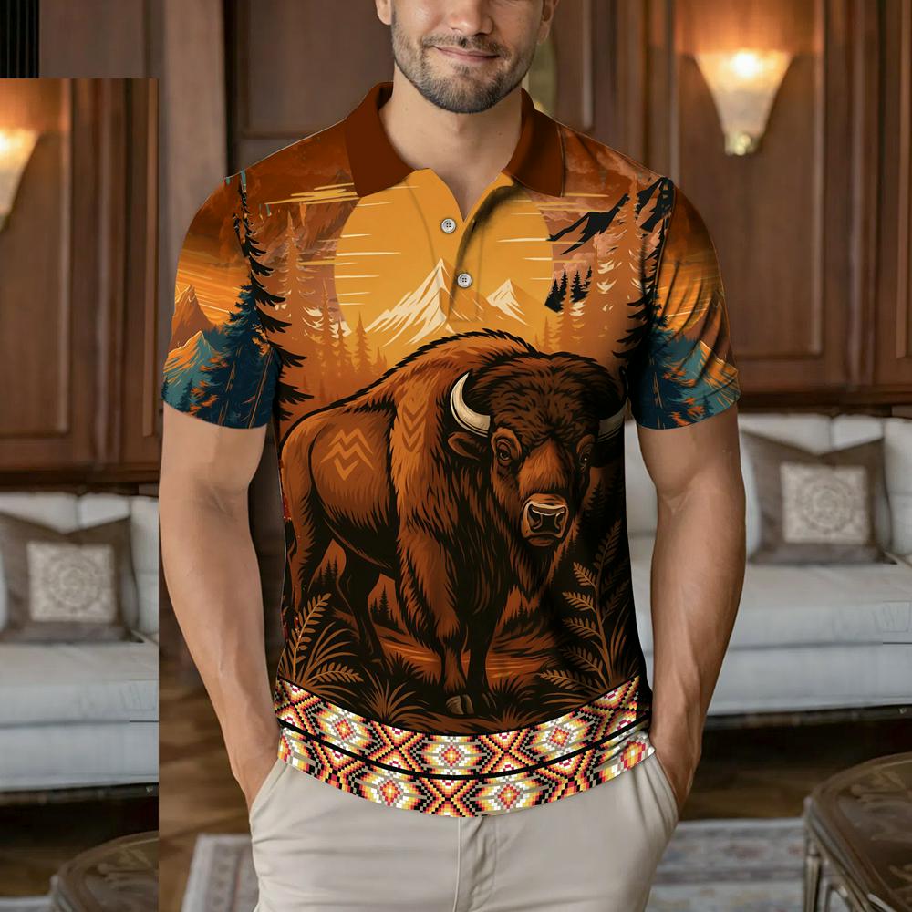 Native American  Polo Shirt - Spirit of the Buffalo – A Symbol of Strength, Resilience, and Sacred Land