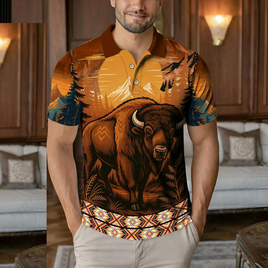 Native American  Polo Shirt - Spirit of the Buffalo – A Symbol of Strength, Resilience, and Sacred Land