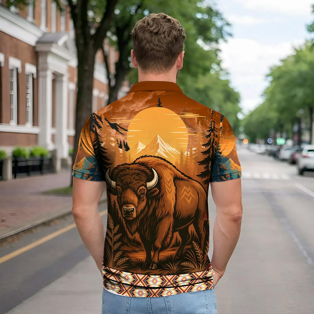 Native American  Polo Shirt - Spirit of the Buffalo – A Symbol of Strength, Resilience, and Sacred Land