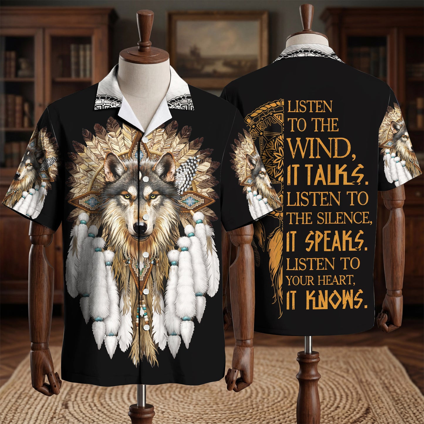 Wolf With Feather Headdress Native American Hawaiian Shirt