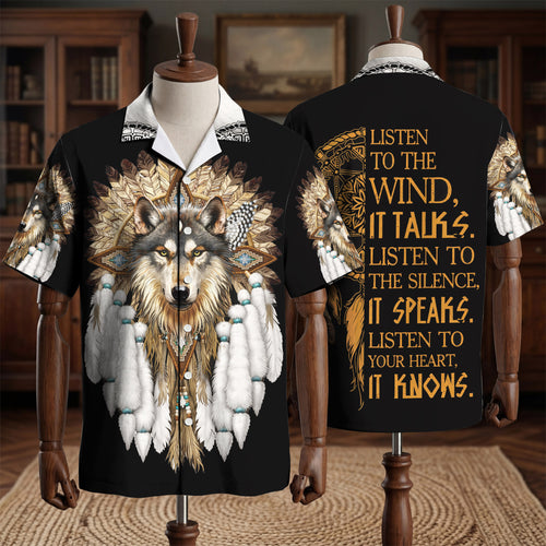 Wolf With Feather Headdress Native American Hawaiian Shirt