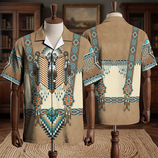Turiquoise Native Indian Pattern Feather Hawaiian Shirt WCS