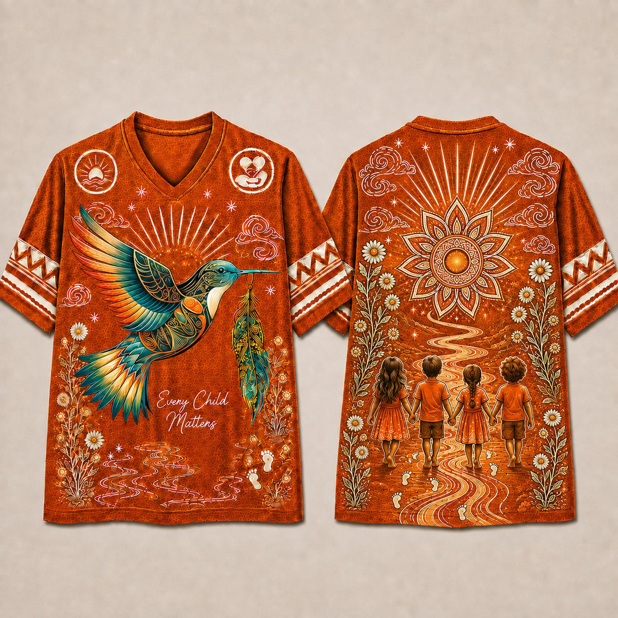 Every Child Matters Orange Jersey Shirt - Native Hummingbird Graphic Mesh Jersey