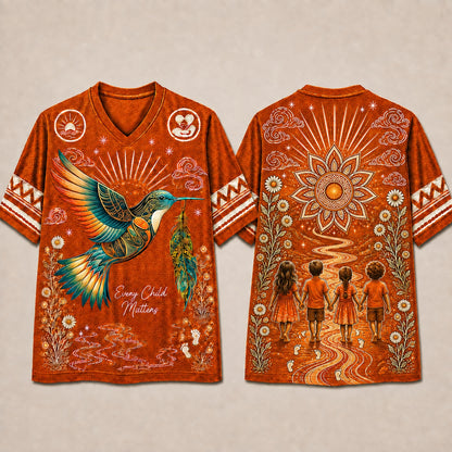 Every Child Matters Orange Jersey Shirt - Native Hummingbird Graphic Mesh Jersey