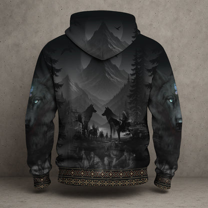 Tribal Wolf Guardian Hoodie – 3D Native Spirit Artwork, Blue Eyes Wolf Totem