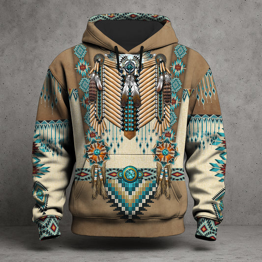 3D Tribal Beaded Headdress Hoodie – Turquoise & Feather Pattern