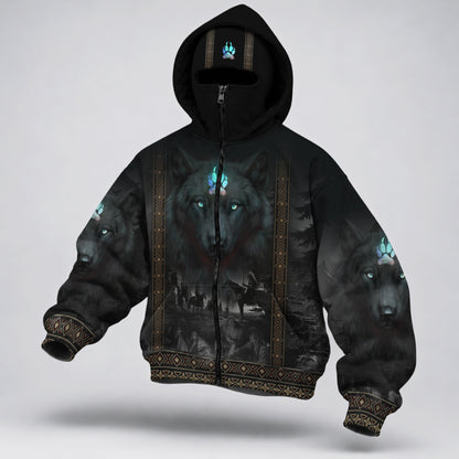 3D Balaclava Zip Hoodie Tribal Wolf Guardian Hoodie – 3D Native Spirit Artwork, Blue Eyes Wolf Totem