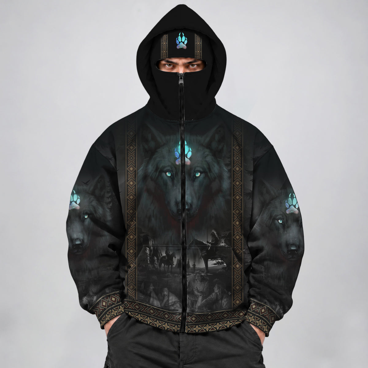 3D Balaclava Zip Hoodie Tribal Wolf Guardian Hoodie – 3D Native Spirit Artwork, Blue Eyes Wolf Totem