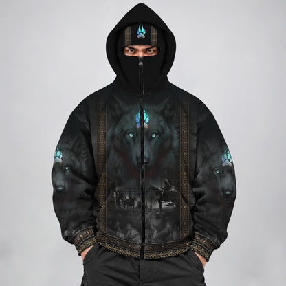 3D Balaclava Zip Hoodie Tribal Wolf Guardian Hoodie – 3D Native Spirit Artwork, Blue Eyes Wolf Totem
