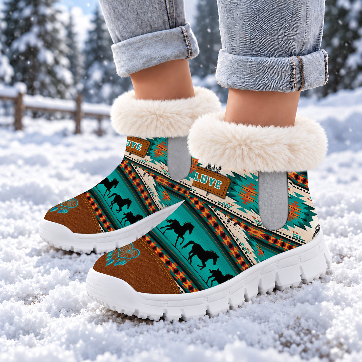 Snow Boots - Personalized Tribal Green, Galloping Horses & Dreamcatcher Motif