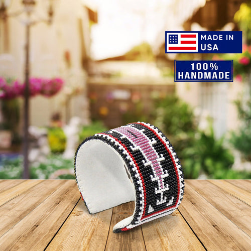 Black Pink Leather Hard Cuff Beaded Handmade Bracelet