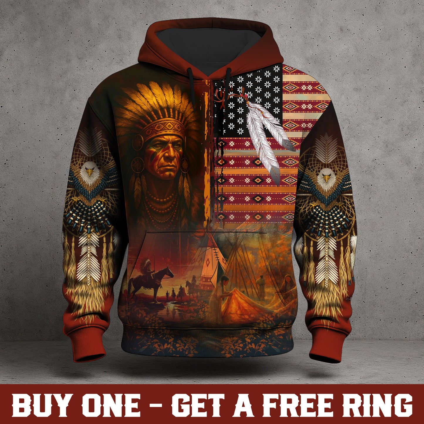 Native Heritage – The Chief Spirit Hoodie in Red & Blue, Symbol of Freedom and Pride