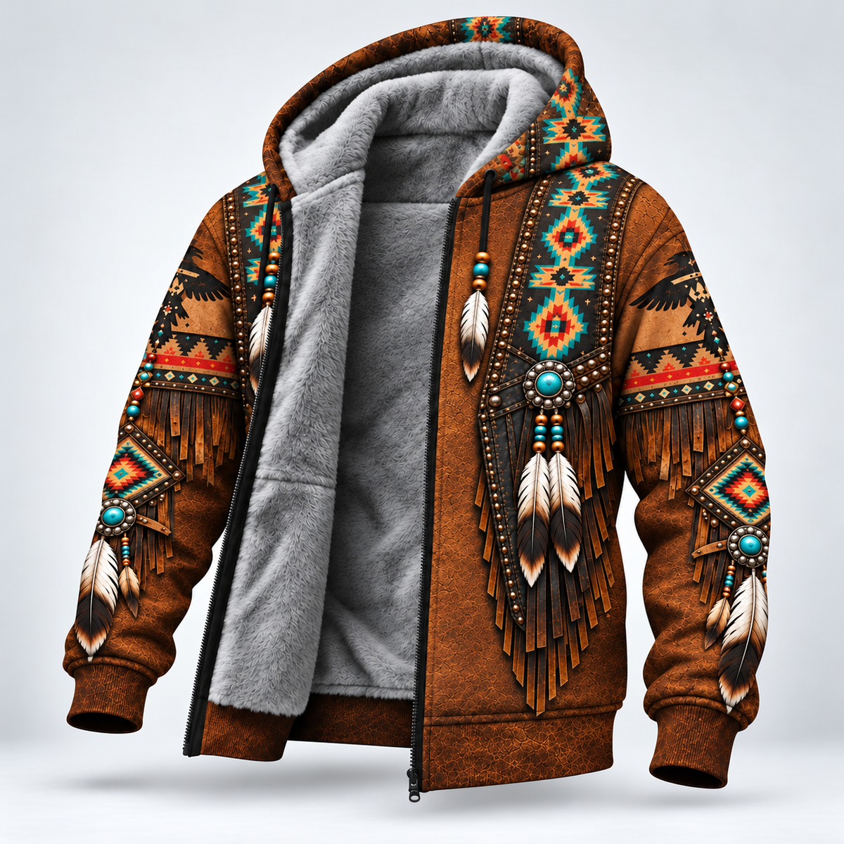3D Fleece Jacket Faux Leather Vest Hoodie, Southwestern Tribal Eagle Feather Graphic0