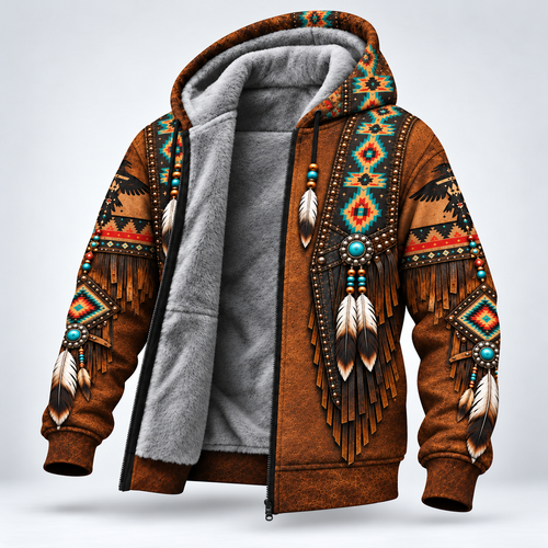 3D Fleece Jacket Faux Leather Vest Hoodie, Southwestern Tribal Eagle Feather Graphic0