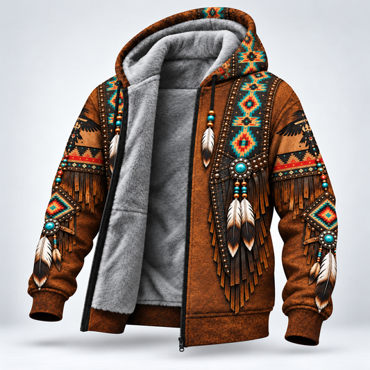 3D Fleece Jacket Faux Leather Vest Hoodie, Southwestern Tribal Eagle Feather Graphic0