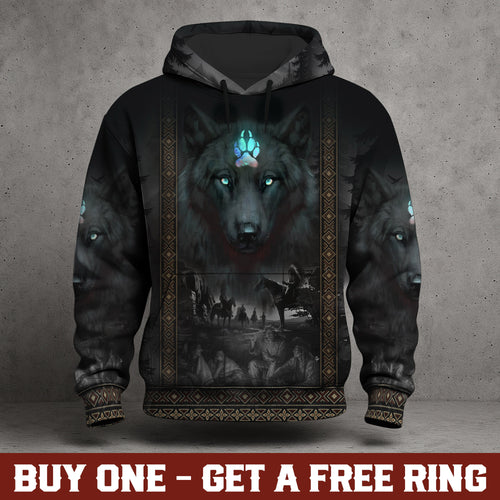 Tribal Wolf Guardian Hoodie – 3D Native Spirit Artwork, Blue Eyes Wolf Totem