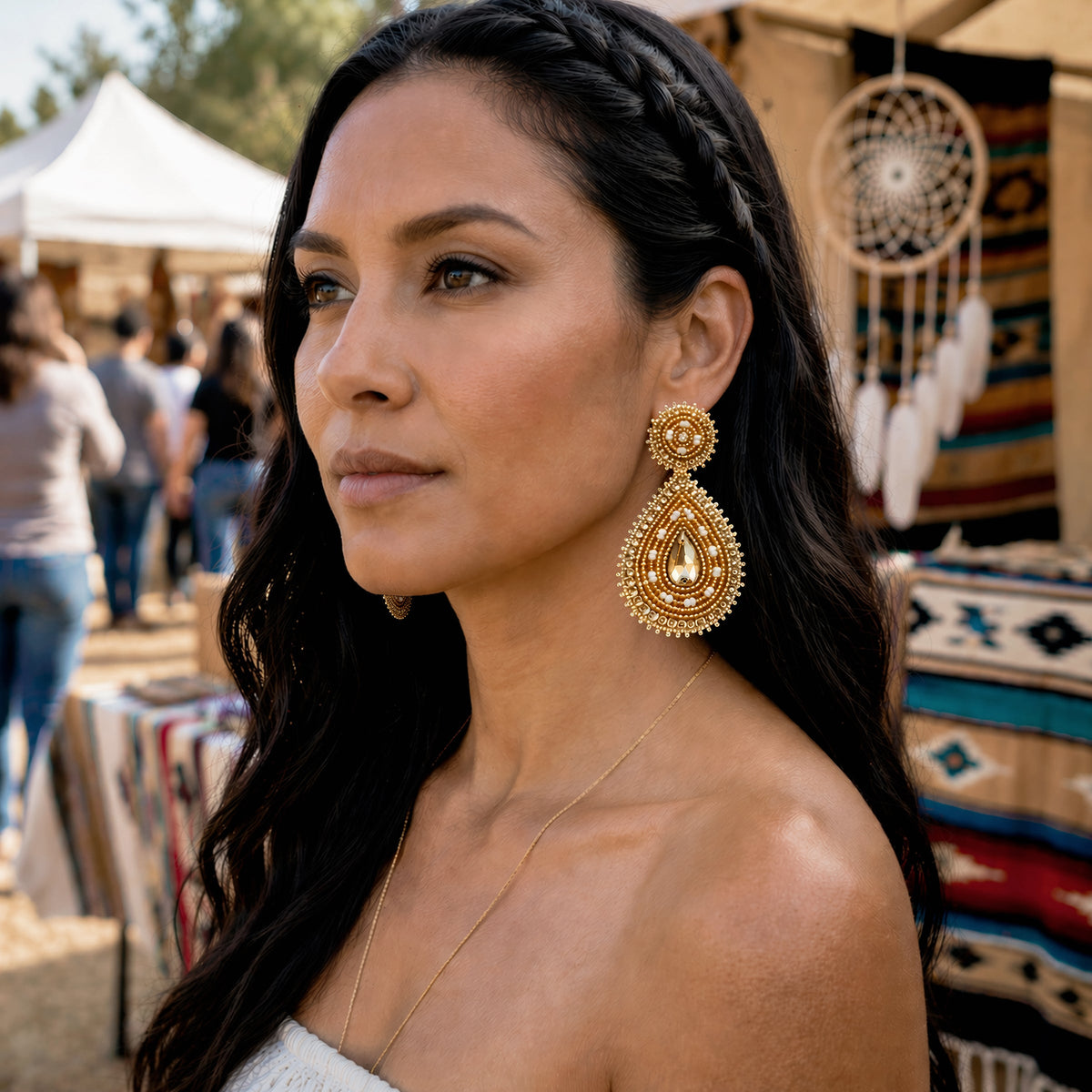 Handmade Beaded Teardrop Shape Post Gold Earrings