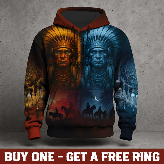 Native Heritage – The Chief Spirit Hoodie in Red & Blue, Symbol of Freedom and Pride
