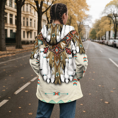 White Native Pattern Horn Button Long Fleece Windbreaker WCS