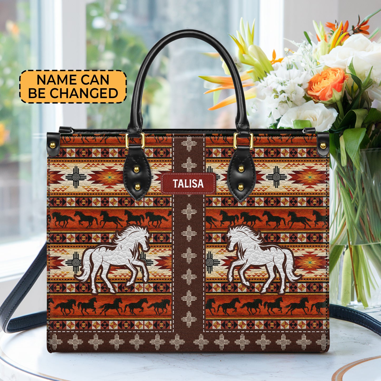 Personalized Leather Handbag for Women - Design Patterns Boho Rustic Orange Spirit Horse