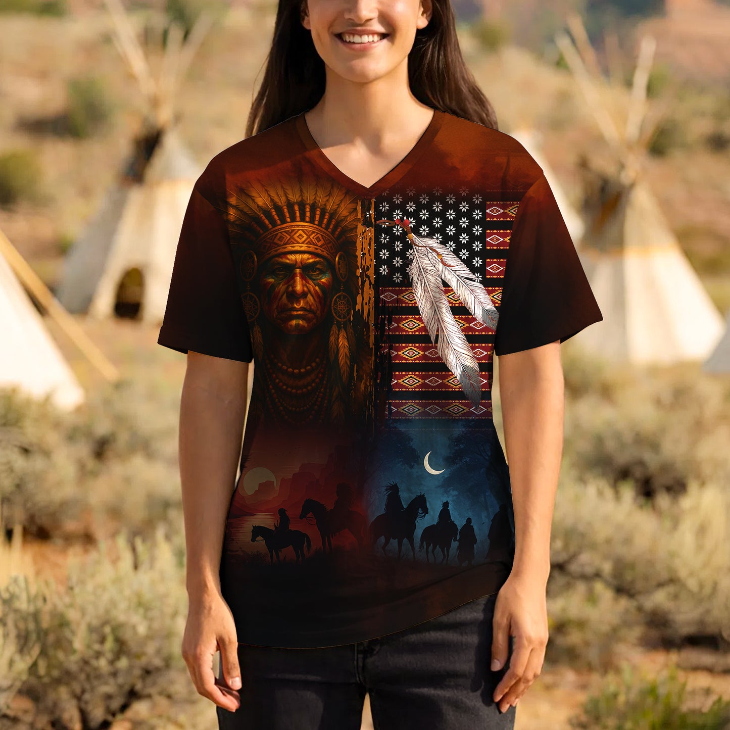 3D T-Shirt  "Native Heritage – The Chief Spirit in Red & Blue, Symbol of Freedom and Pride"
