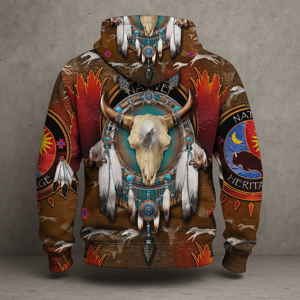 Native American Bison Skull 3D Hoodie – Tribal Spirit & Heritage Design