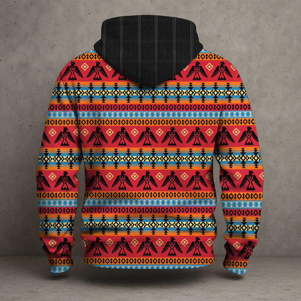 Tribal Feather Hoodie – Bold Red & Geometric Patterns