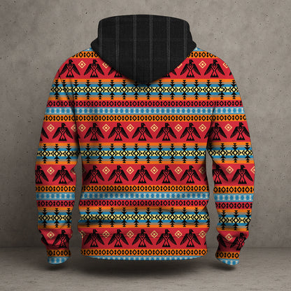Tribal Feather Hoodie – Bold Red & Geometric Patterns