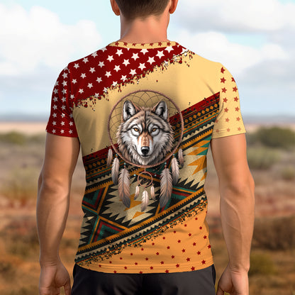 3D T-Shirt " Wild Spirit – Wolf and Dreamcatcher Design in Beige and Deep Red Tribal Pattern"