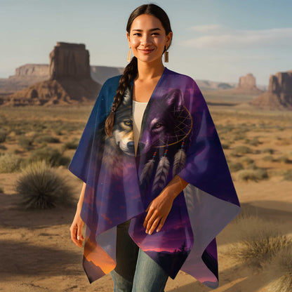 Dreamcatcher Wolf Poncho – Tribal Boho Cloak of Balance