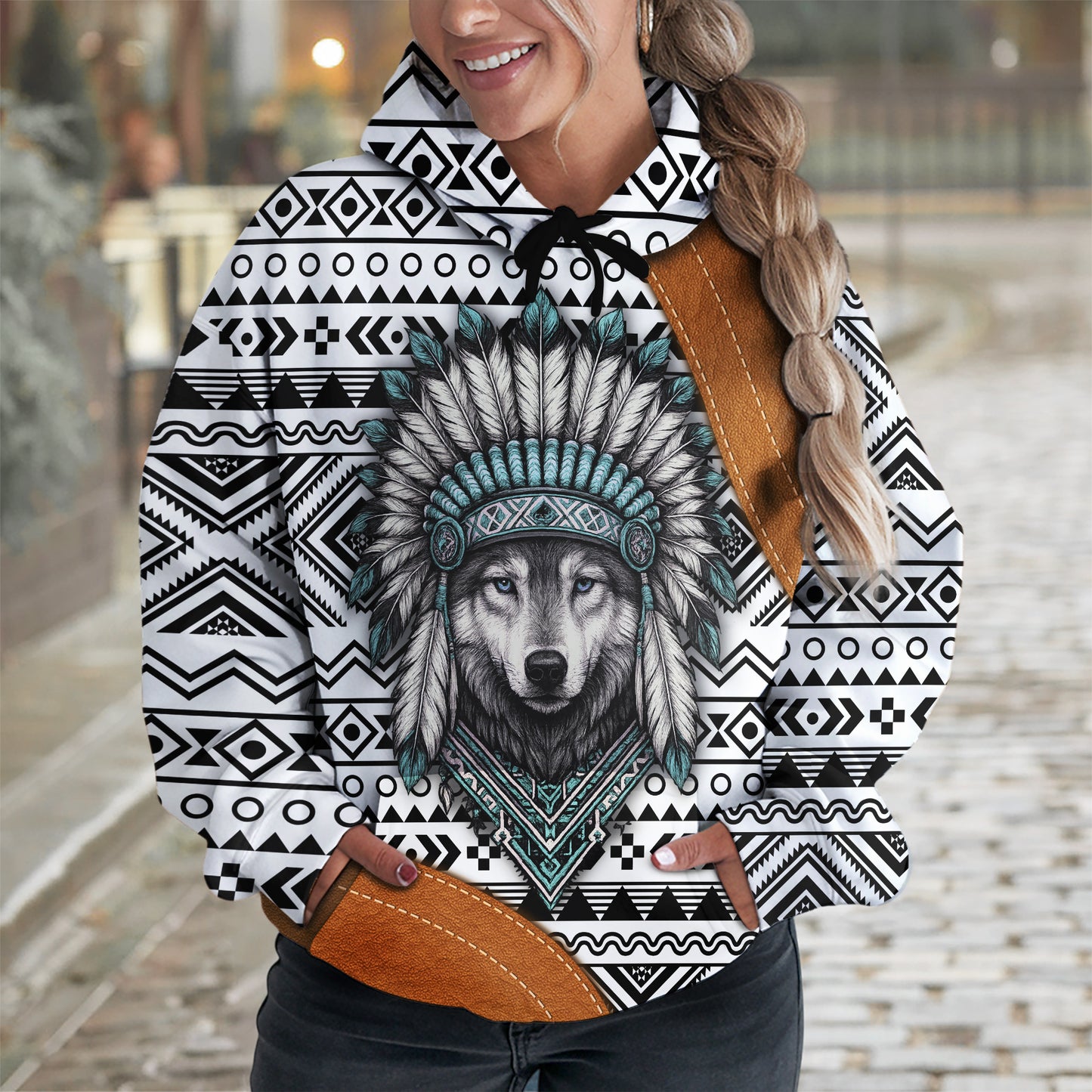 Native Wolf Hoodie – Tribal Pattern & Chief Headdress Design