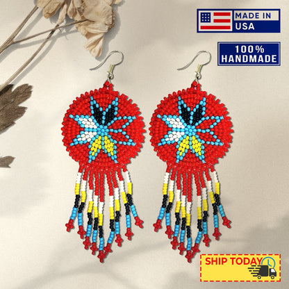 Red 4 Directions Round Fringe Beaded Handmade Earrings For Women