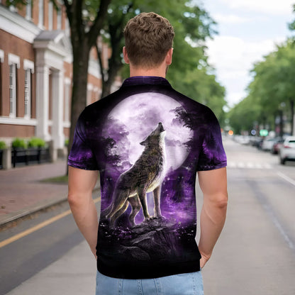 Native American  Polo Shirt - Wolf Dreamcatcher Purple Tribal Moon Howl Design