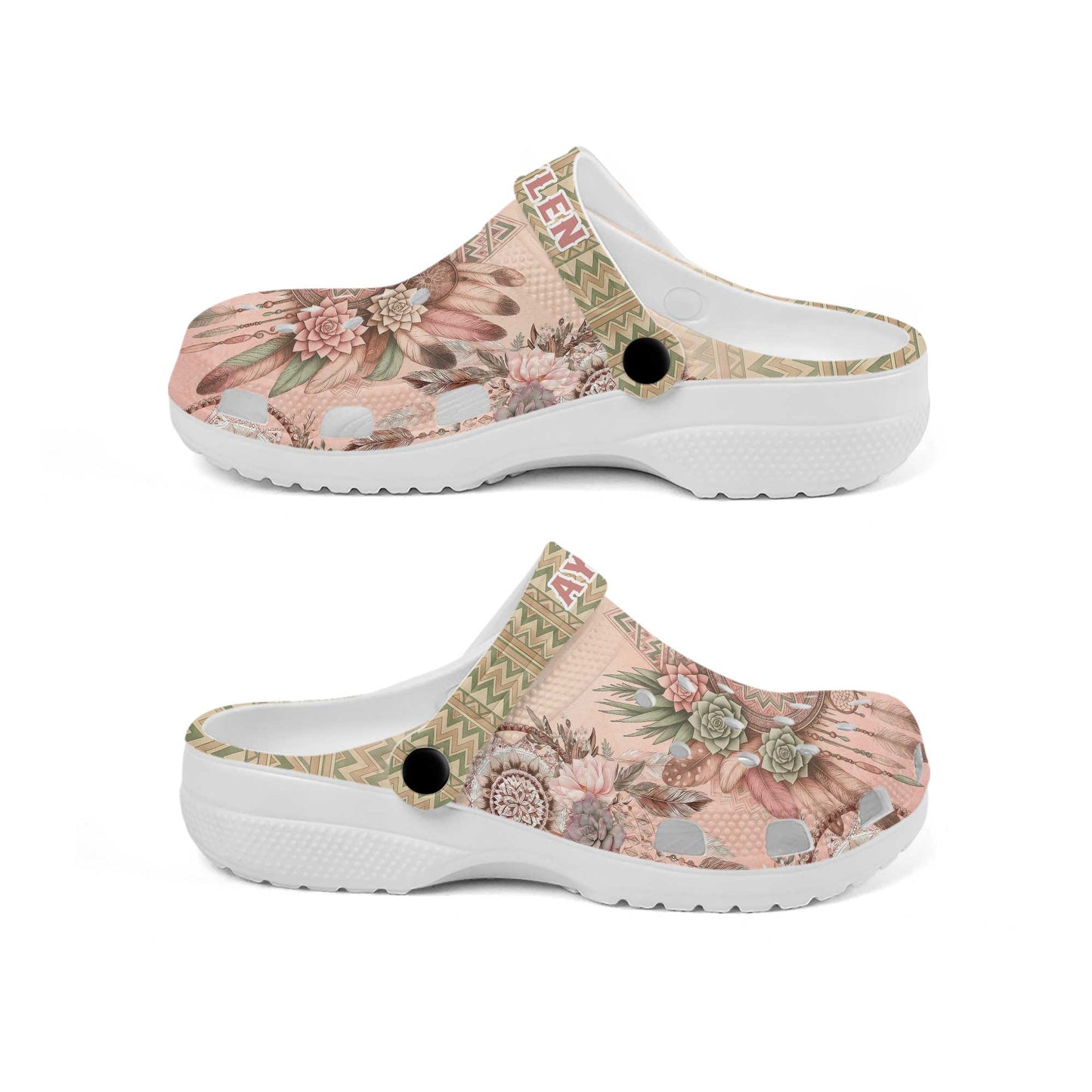Custom Name Dreamcatcher Floral Clogs – Soft Pastel Native Pattern Shoes Gift