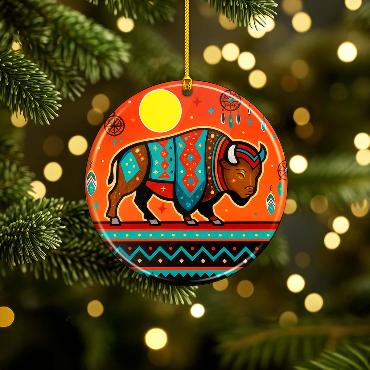 Tribal Bison Ceramic Ornament - Indigenous Inspired for Holiday Decor