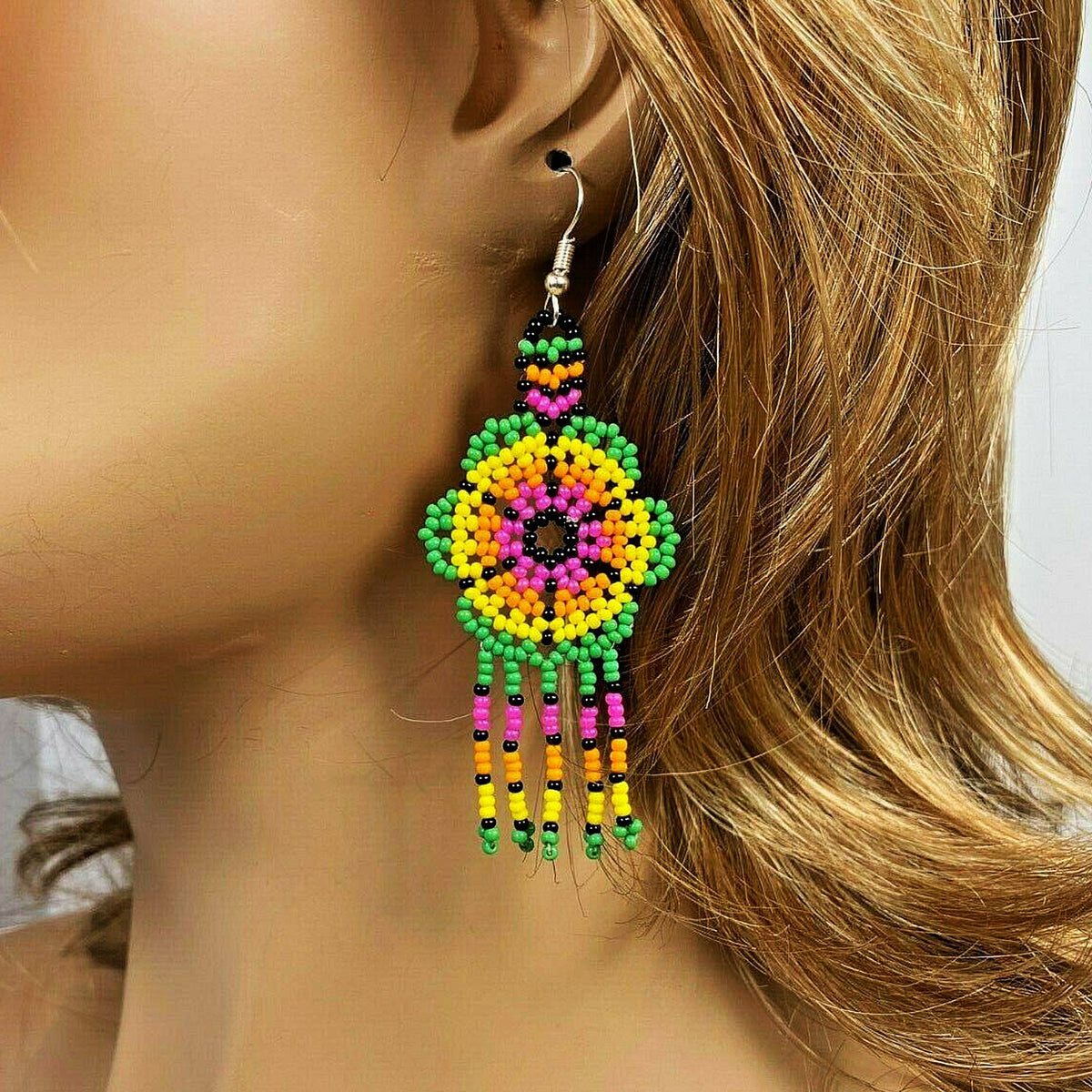 Ethnic Flower Green Beaded Chandelier Beaded Handmade Earrings For Women