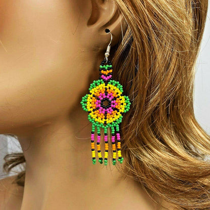 Ethnic Flower Green Beaded Chandelier Beaded Handmade Earrings For Women