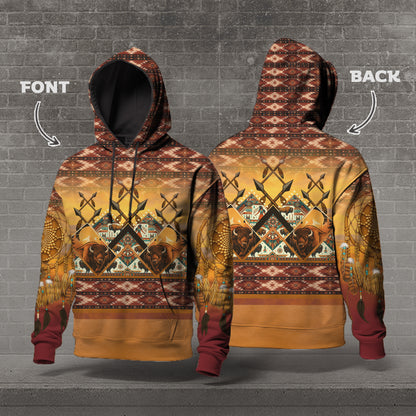 Buffalo Strength – Native Pattern Hoodie with Dreamcatcher & Warrior Symbols”
