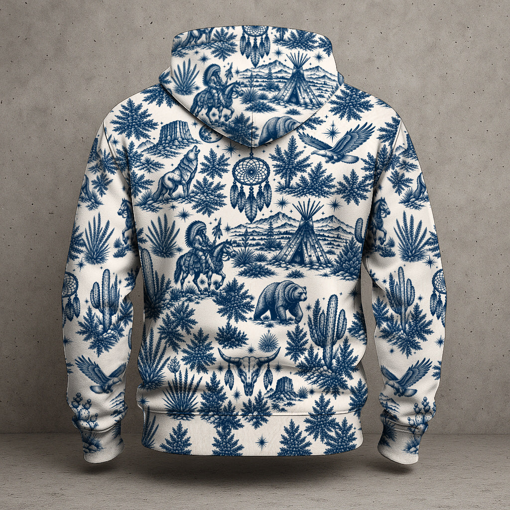 Native Wolf Desert Hoodie - Vintage Southwest Graphic Pullover Sweatshirt with Tribal Pattern