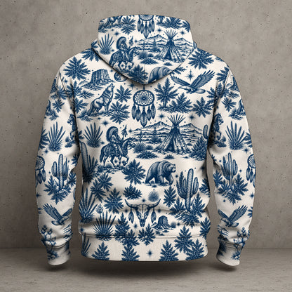 Native Wolf Desert Hoodie - Vintage Southwest Graphic Pullover Sweatshirt with Tribal Pattern