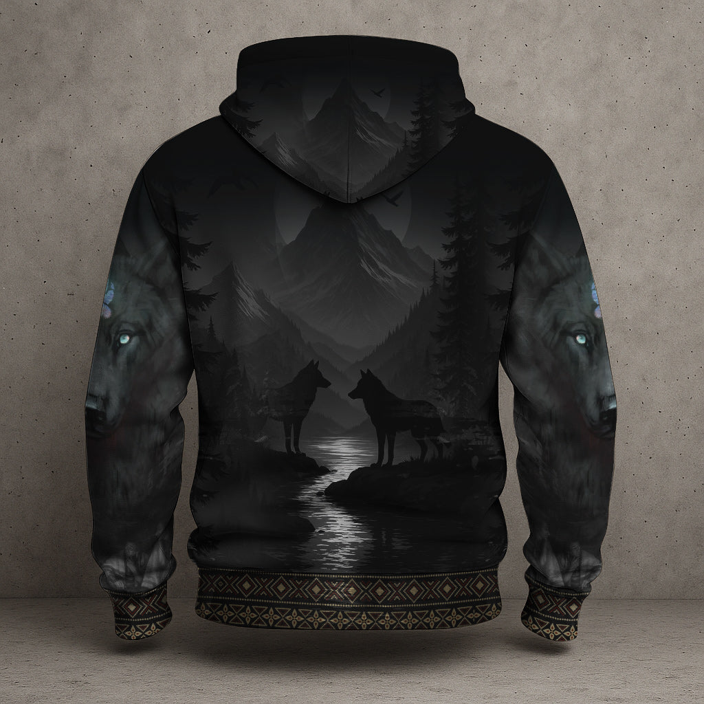 Tribal Wolf Guardian Hoodie – 3D Native Spirit Artwork, Blue Eyes Wolf Totem