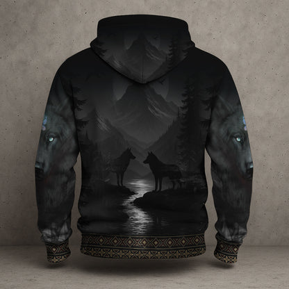 Tribal Wolf Guardian Hoodie – 3D Native Spirit Artwork, Blue Eyes Wolf Totem