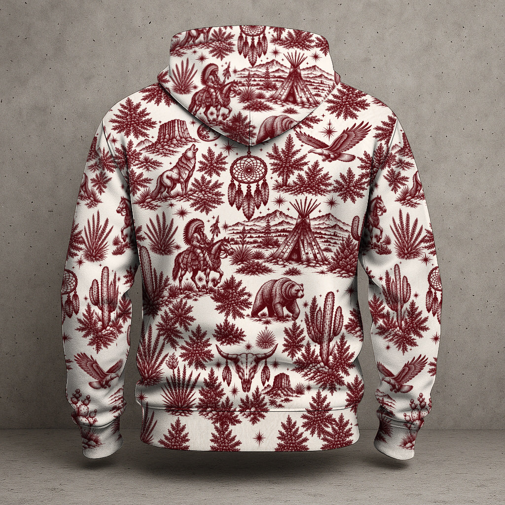 Native Wolf Desert Hoodie - Vintage Southwest Graphic Pullover Sweatshirt with Tribal Pattern
