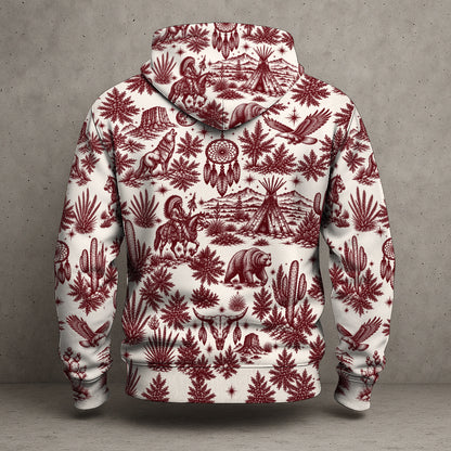 Native Wolf Desert Hoodie - Vintage Southwest Graphic Pullover Sweatshirt with Tribal Pattern