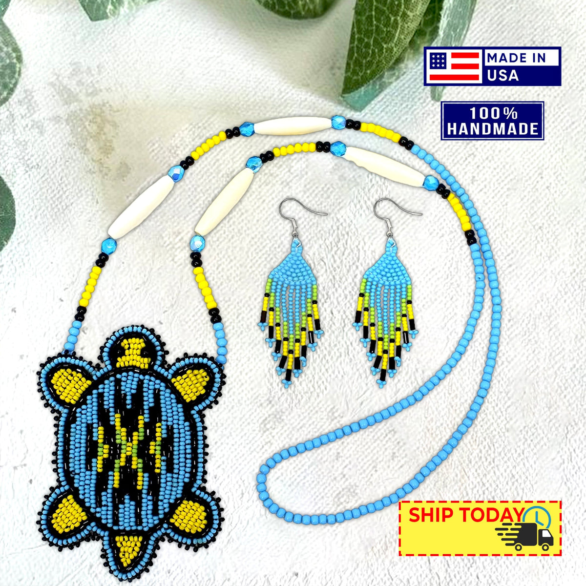New Handmade Black Blue Turtle Long Necklace Earring Set