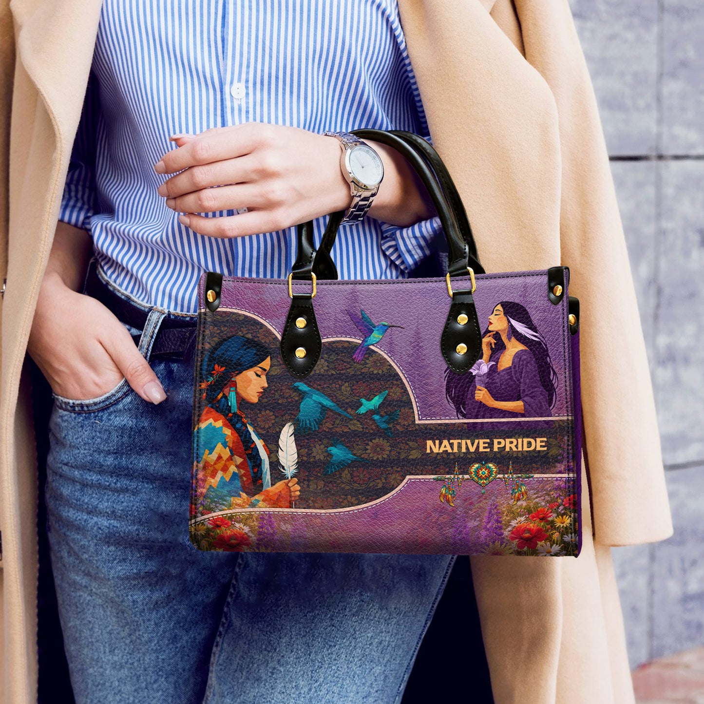 Native Pride Leather Handbag – Native American Art Tote Bag | Indigenous Heritage Gift for Women