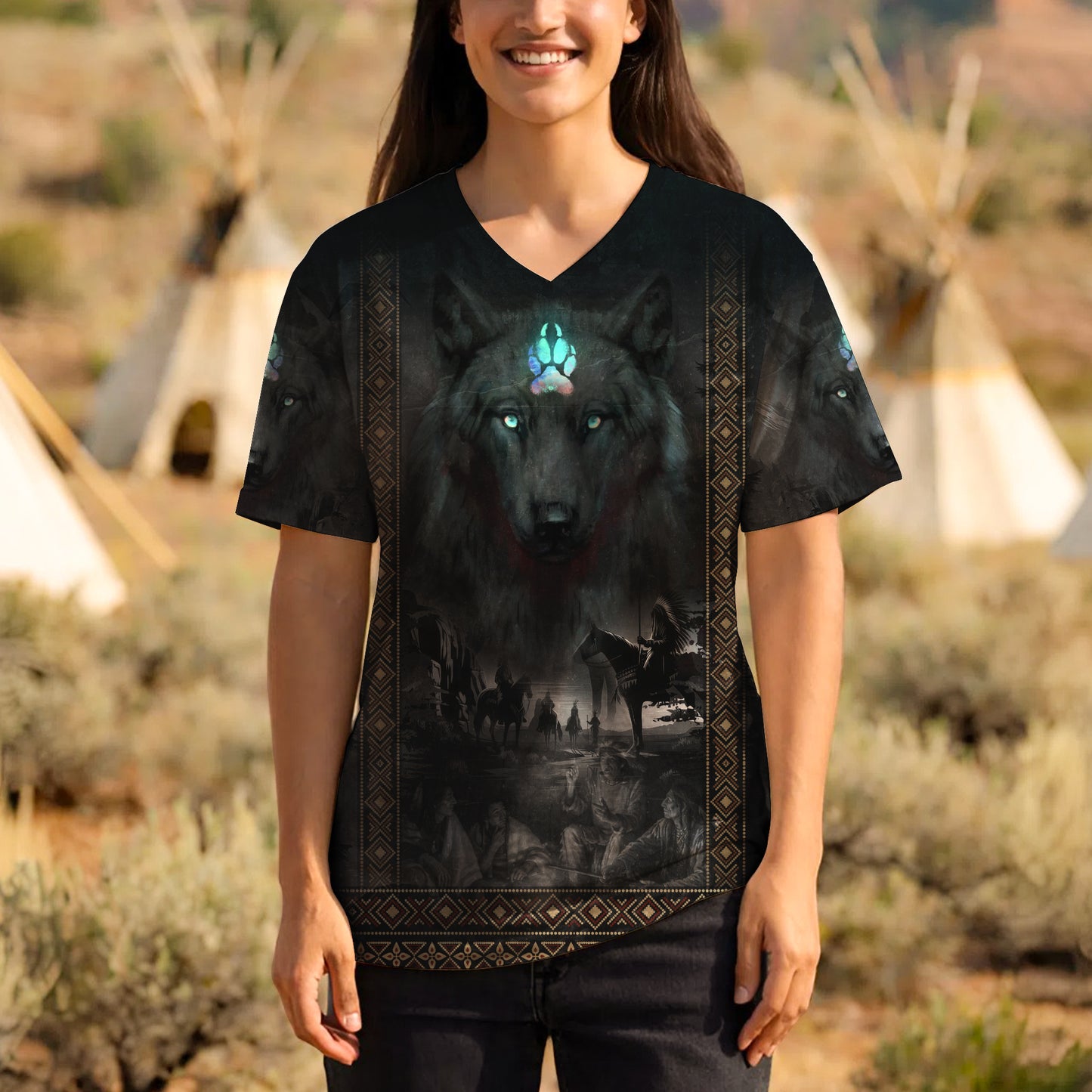 3D T-Shirt - "Tribal Wolf Guardian  – 3D Native Spirit Artwork, Blue Eyes Wolf Totem"
