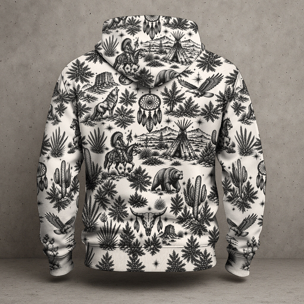 Native Wolf Desert Hoodie - Vintage Southwest Graphic Pullover Sweatshirt with Tribal Pattern
