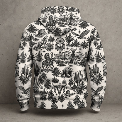 Native Wolf Desert Hoodie - Vintage Southwest Graphic Pullover Sweatshirt with Tribal Pattern